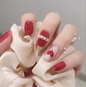 瑰冠旗舰店天猫秋冬番茄红色磨砂哑光结婚新娘光疗闪粉美甲贴片穿戴