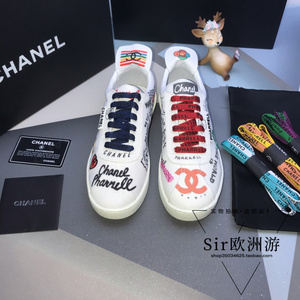 chanel/香奈儿新款彩色鞋带涂鸦字母板鞋小白鞋休闲帆布鞋情侣款
