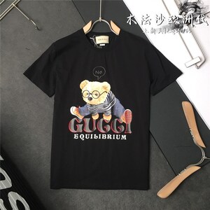 gucci/古奇 眼镜小熊字母印花 黑白圆领短袖休闲男女情侣t恤