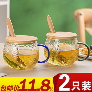 青苹果ins高颜值耐热玻璃马克杯子带盖勺早餐燕麦片可爱花茶咖啡