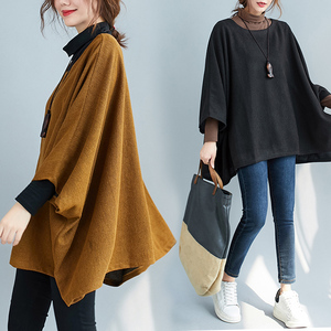 2022春季纯色毛衣外套胖mm大码女装蝙蝠袖圆领遮肚子显瘦斗篷上衣