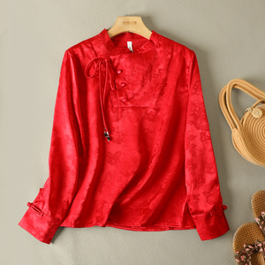 复古中式仿真丝提花红色衬衫女立领斜襟系带盘扣宽松长袖别致上衣