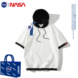 NASA联名卫衣男2024夏季新款连帽情侣百搭宽松纯棉撞色短袖上衣潮
