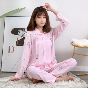 棉绸套装女士夏长袖长裤开扣绵绸简约开襟春秋夏空调房