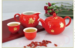 乾唐轩活瓷小圆融红+金茶具茶杯功夫套装茶具茶海整套茶壶