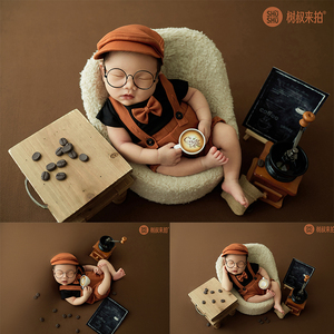 婴儿新生儿摄影道具展会新品满月宝宝小绅士咖啡豆服装拍照主题服