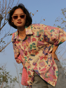 BUBU 慵懒复古风花朵印花衬衫设计感小众港味垂感短袖宽松衬衣女