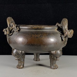 古玩杂项古董铜器宣德年制三足双龙耳香炉包老保真传世收藏老物件