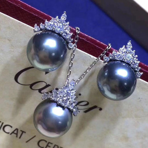 DIY珍珠配件 S925纯银套装 天然珍珠吊坠 耳钉皇冠套装空托女款