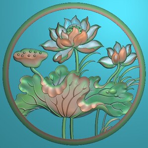 圆形莲花荷花挂屏窗花通花挂件镂空荷花精雕图灰度浮雕图棺材档板