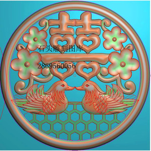 双喜鸳鸯圆形镂空爱情鸳鸯喜字花鸟窗花门花挂匾门花精雕图浮雕图