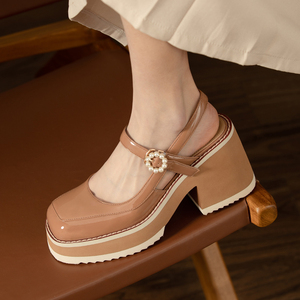 包头厚底一字带凉鞋女真皮2022新款春夏季串珠超高跟粗跟浅口单鞋