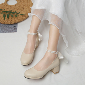 白色蝴蝶结仙女鞋温柔中跟甜美防水台高跟鞋女学生粗跟少女单鞋