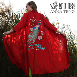 安娜滕2024春秋新款复古女装中国民族风刺绣大码棉麻风衣外套披肩