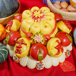 老人过寿手作果蔬中小式糕点胶东花饽饽山东青岛王哥庄大馒头寿桃0人