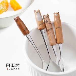日本进口木柄不锈钢水果叉勺动物造型儿童餐具可爱甜品日式咖啡勺
