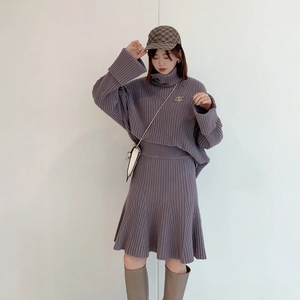 2021年冬季 s家纯色高领针织衫上衣喇叭半身裙两件套装swno215075