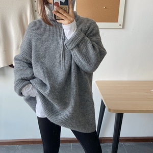 秋冬加厚半开拉链大翻领毛衣女半开中长款高领套头针织衫宽松外套