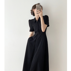 法式黑色连衣裙女高级感新款夏季长款修身收腰气质惊艳衬衫裙
