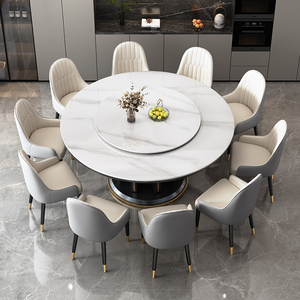 岩板实木餐桌椅组合圆形轻奢现代简约大圆桌小户型带转盘家用饭桌