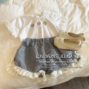 韩国童装女童夏装套装2024儿童洋气爱心短袖上衣蕾丝花边格子短裤
