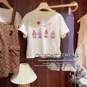 韩国童装2024夏季新款女童套头上衣儿童洋气可爱卡通印花短袖T恤
