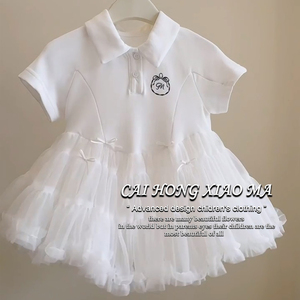 韩国童装女童连衣裙2024新款夏季儿童洋气翻领短袖网纱拼接公主裙