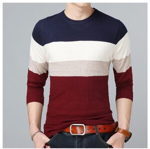花雨伞男装长袖薄羊绒针织套头毛衣打底衫条纹圆领时尚潮流 百搭