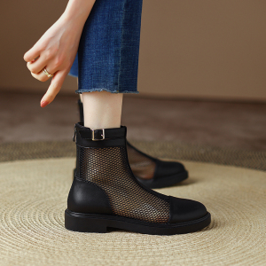 blanbiyi 网纱镂空透气马丁靴女~2022粗跟透气切尔西靴子ins短靴