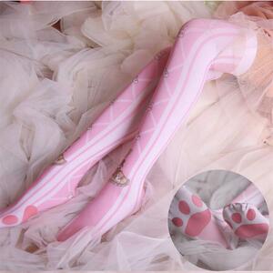 二次元动漫cos日系印花猫爪过膝袜子可爱lolita大腿袜加长白丝袜