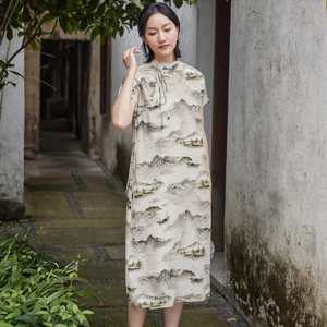 新中式复古夏季真丝芝麻绉长裙立领宽松改良唐装女系带套头连衣裙