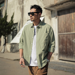 日系复古工装长袖衬衫男简约潮牌街头衣服宽松bf风休闲百搭薄外套
