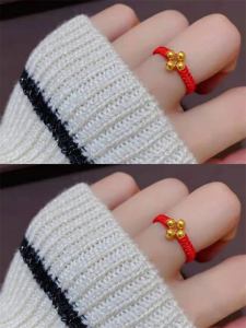 足金999纯金转运珠指环亮面3mm金珠四叶草手工编绳戒指女幸运礼物