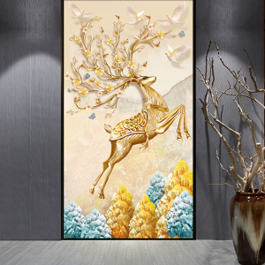 浮雕黄金发财鹿玄关客厅走廊隔断欧式麋鹿竖版装饰挂画微喷可定制