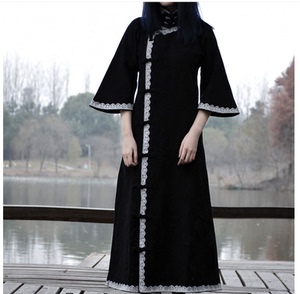 清仓复古中式直襟民国风长袖款厚棉麻改良旗袍式连衣裙女黑色长袍