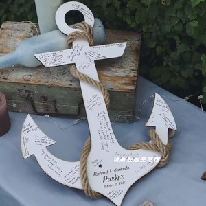 新款海洋婚礼木制签到板签名册航海海滩婚礼宾客留言木锚摆件标志