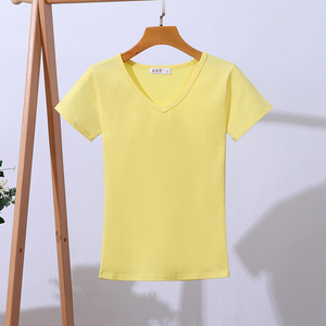 淡黄色t恤女v领短袖纯棉修身短款上衣夏装新款纯色修身桃心领打底