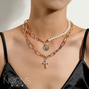 Norns欧式宫廷波洛克风格不对称珍珠十字架金币双层拼接项链套装