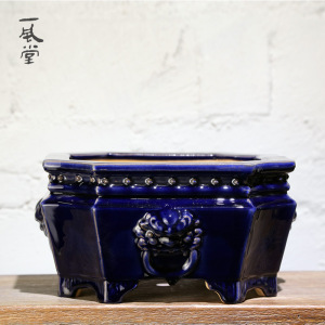 一风堂四面兽首鼓钉正四方高温烧制石湾盆景盆纯陶泥制作中式包邮