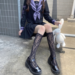 日系jk黑丝性感搭配制服辣妹丝袜女中筒袜夏季薄款黑色小腿袜蕾丝