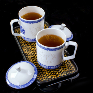 景德镇陶瓷茶杯带盖青花玲珑镂空家用办公喝水大号容量中式礼盒装