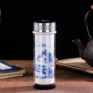 景德镇陶瓷保温杯带盖高档中式青花便携玻璃泡茶杯家用双层礼品盒