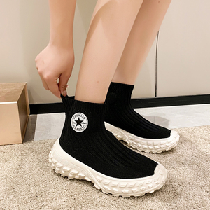 高帮鞋女2022春秋新款针织弹力袜子鞋透气轮胎厚底超火运动休闲鞋