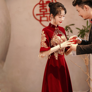 旗袍新娘结婚酒红色敬酒服2024新款丝绒复古中式答谢宴礼服女夏季