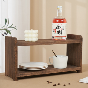 中式复古 实木桌面置物架 咖啡水杯子 茶壶茶具小罐子收纳架
