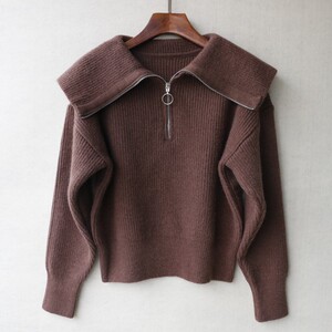 兔绒 包芯纱 纯色大翻领拉链套头长袖毛衣短款气质女装秋季针织衫