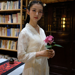 【汉未央】改良汉服 云衣 本白色提花雪纺罩衫