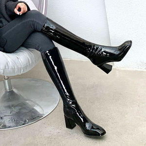 法式女粗高跟亮漆皮长靴小香风骑士靴子中高筒靴硬筒小个子长筒靴