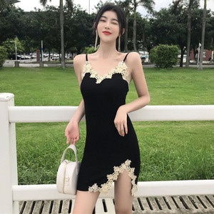 夏季港味女复古刺绣蕾丝花边开叉吊带修身连衣裙性感细肩带打底裙
