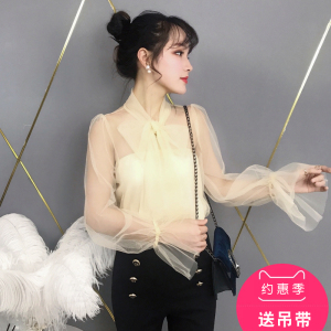 很仙的甜美网纱衬衫上衣＋吊带打底女蝴蝶结系带雪纺2019新款